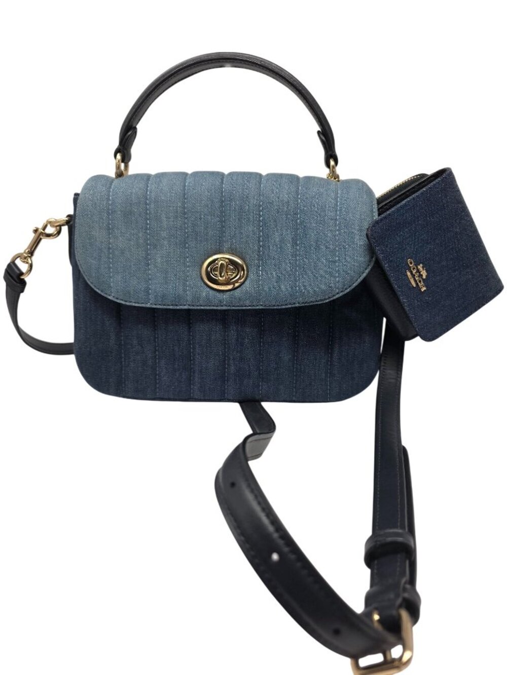 Coach Denim Quilted Shoulder Bag With Gold Hardware & Matching Wallet